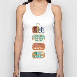 Vintage canned sardines // white background peacock teal and gold drop orange cans  Unisex Tank Top
