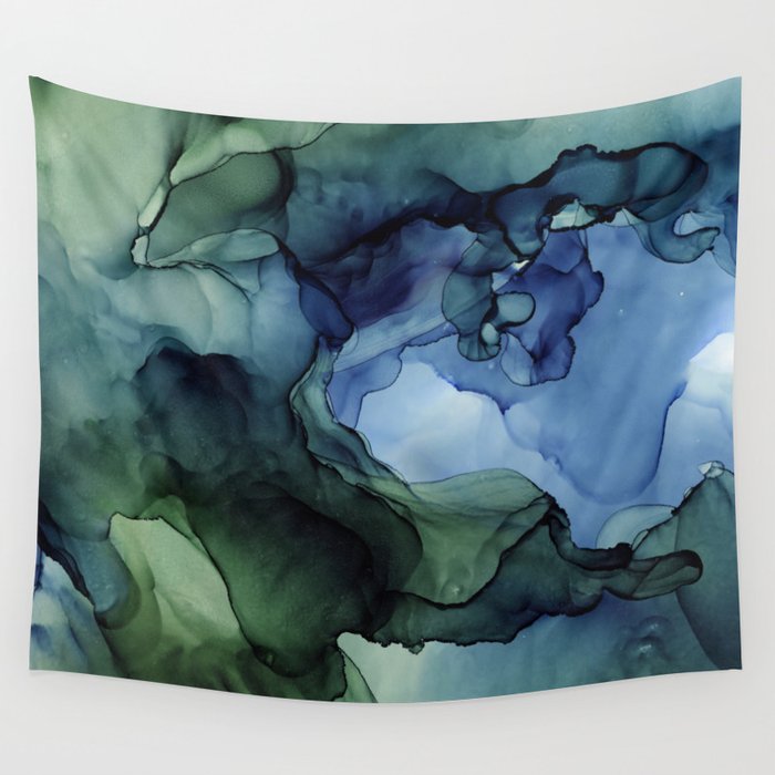 Blue Green Waves Abstract Ink Painting Wall Tapestry