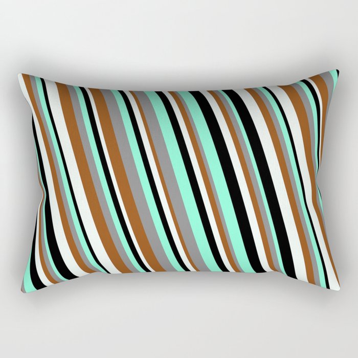 Eyecatching Aquamarine, Gray, Brown, Mint Cream, and Black Colored Striped/Lined Pattern Rectangular Pillow