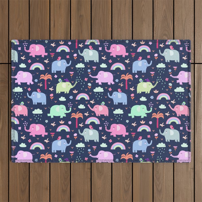 Pink navy blue neo mint rainbow elephant floral pattern Outdoor Rug