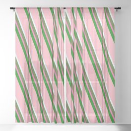 [ Thumbnail: Eyecatching Light Pink, Light Cyan, Dark Olive Green, Hot Pink & Green Colored Striped Pattern Sheer Curtain ]