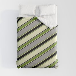 [ Thumbnail: Dark Grey, Green, Light Yellow, and Black Colored Lined Pattern Duvet Cover ]