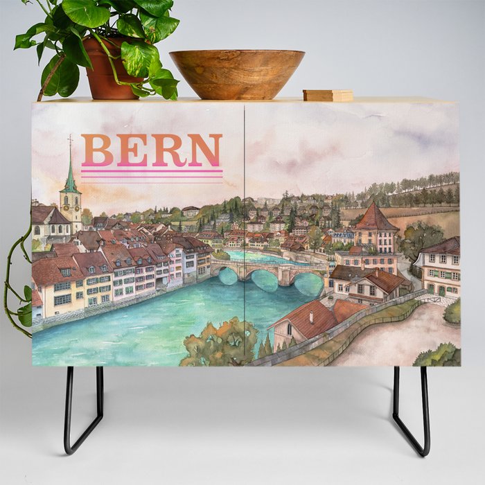 Bern Cityscape - Aare River Watercolor Credenza