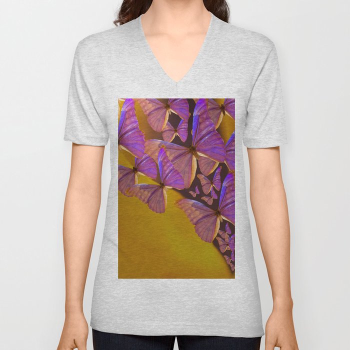 Shiny Purple Butterflies On A Ocher Color Background #decor #society6 #buyart V Neck T Shirt