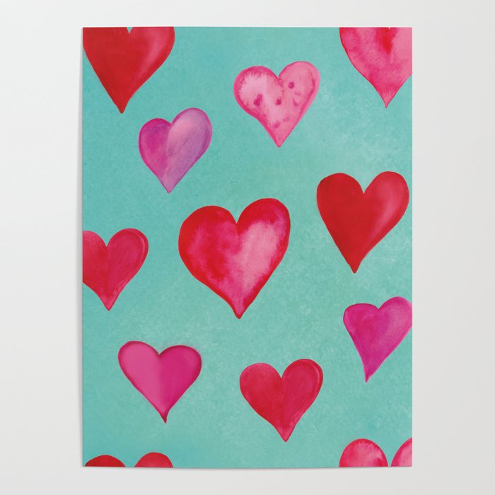 Romantic Watercolor Hearts - Pink -Turqouise Poster