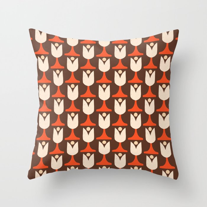 Mod 70s Floral Tulip Brown - Mid Century Floral Throw Pillow