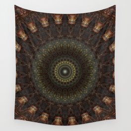 Ornamented mandala in green, red and brown tones Wall Tapestry
