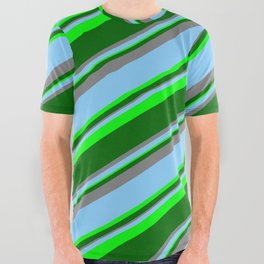 [ Thumbnail: Light Sky Blue, Lime, Dark Green & Grey Colored Striped Pattern All Over Graphic Tee ]
