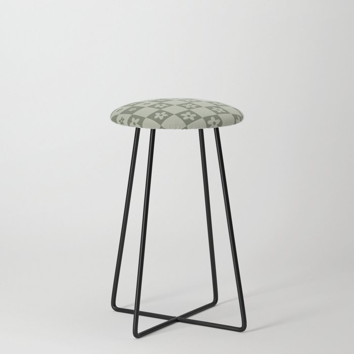 Abstract Floral Checker Pattern 13 in Sage Green Counter Stool