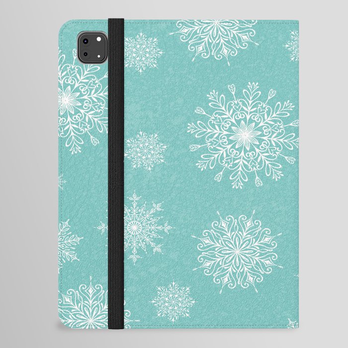 Assorted Snowflakes On Turquoise Background iPad Folio Case
