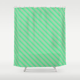 [ Thumbnail: Green & Light Pink Colored Lined/Striped Pattern Shower Curtain ]