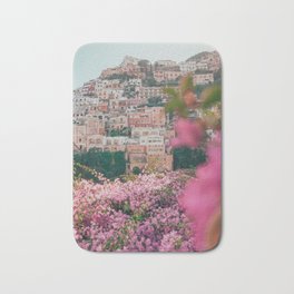 Positano, Italy Travel Photography with Pink Flowers Bath Mat | Provance, Blush, Positano, Beach, Pink, Pastel, Romantic, Gift, Decor, Boho 