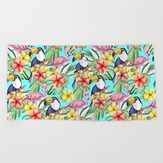 Tropical birds and flowers Beach Towel