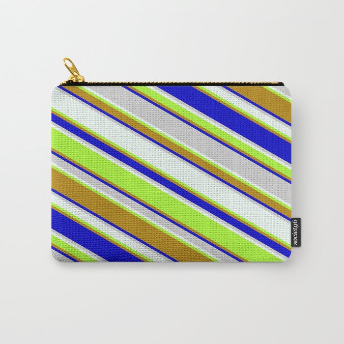 Colorful Light Gray, Mint Cream, Light Green, Dark Goldenrod, and Blue Colored Striped/Lined Pattern Carry-All Pouch