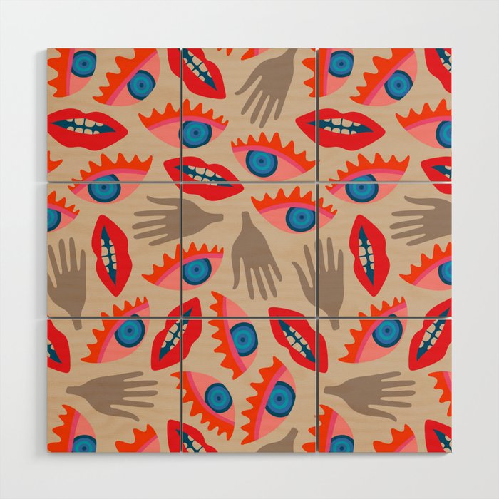 DISEMBODIED Surrealism Eyes Mouth Lips Hands - Retro Red Blush Blue Gray - UnBlink Studio by Jackie Tahara Wood Wall Art