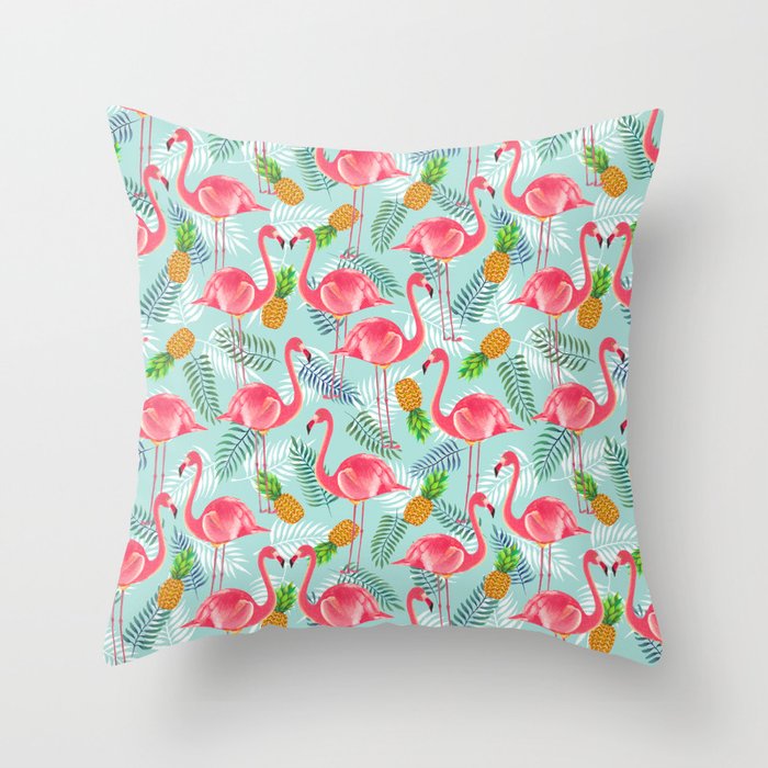 Flamingo and Pineapple Tropical Pattern Throw Pillow