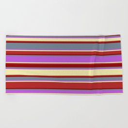 [ Thumbnail: Eyecatching Slate Gray, Orchid, Pale Goldenrod, Red, and Dark Red Colored Lines/Stripes Pattern Beach Towel ]