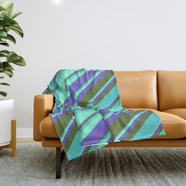 [ Thumbnail: Aquamarine, Slate Blue, Dark Olive Green, and Turquoise Colored Lines Pattern Throw Blanket ]