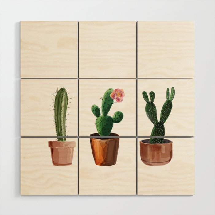 Three Cacti On White Background Wood Wall Art