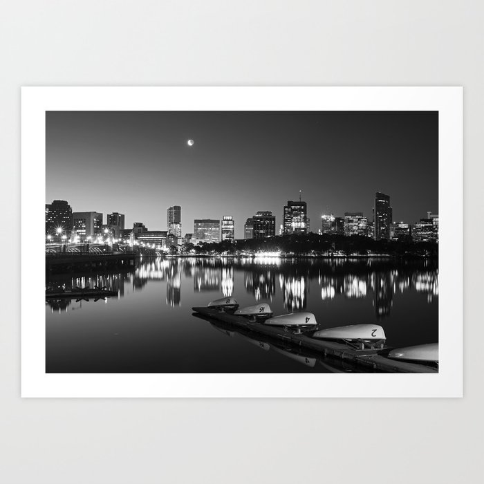 Crescent Moon Over the Charles River and Longfellow Bridge Boston MA Black and White Art Print