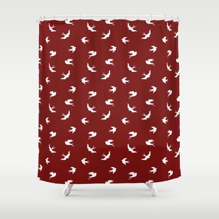 White Flying Birds Seamless Pattern on Burgundy background Shower Curtain