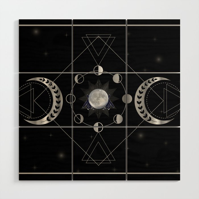 Triple Goddess silver moon phases with witch hands	 Wood Wall Art