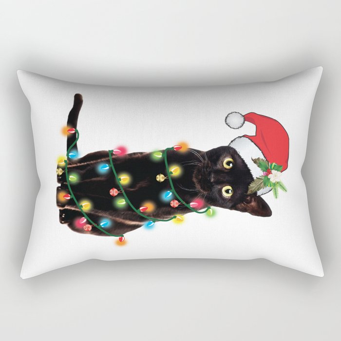 Santa Black Cat Tangled Up In Lights Christmas Santa Graphic Rectangular Pillow