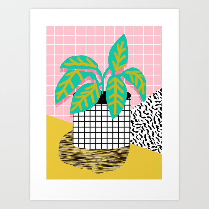 Get Real - potted plant throwback retro neon 1980s style art print minimal abstract grid lines shape Art Print