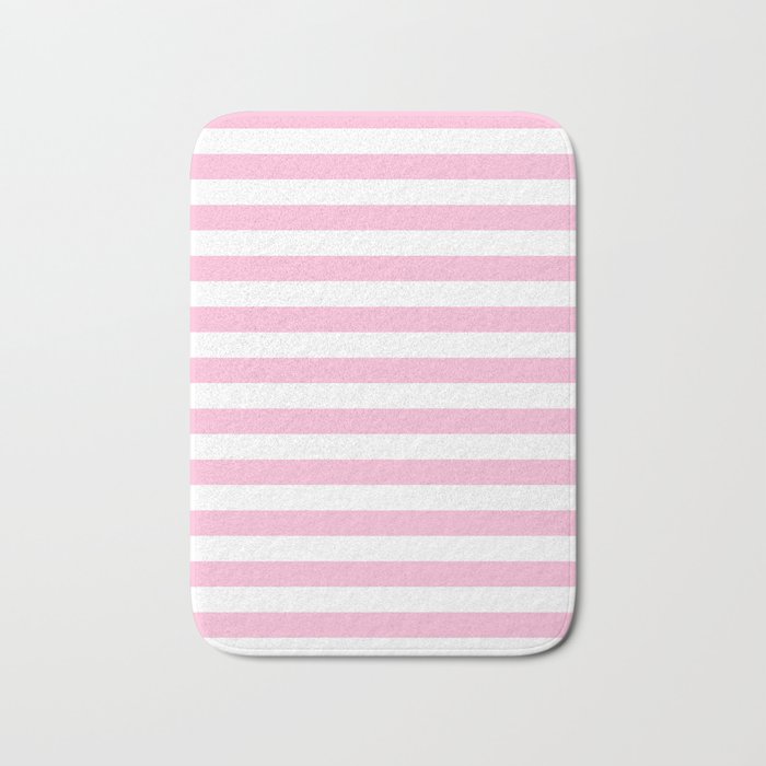 Narrow Horizontal Stripes White And Cotton Candy Pink Bath Mat