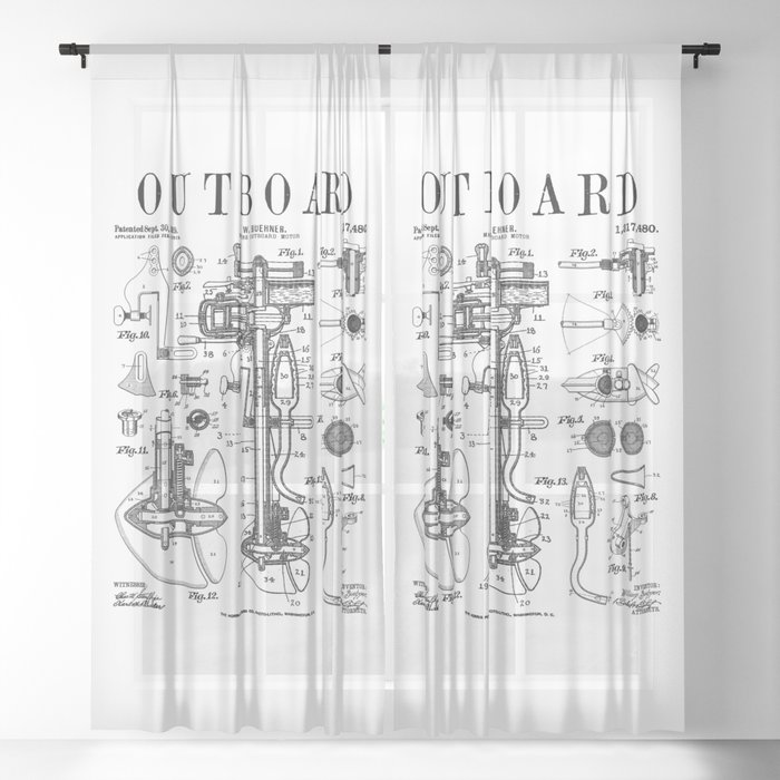 Fishing Boat Outboard Marine Motor Vintage Patent Print Sheer Curtain