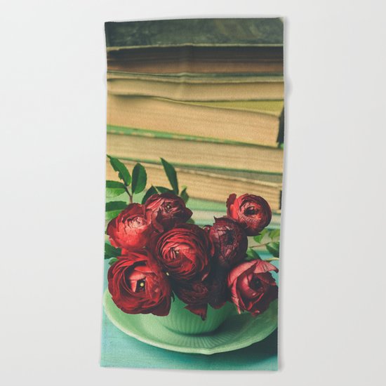 Books and Flowers Beach Towel