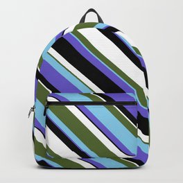 [ Thumbnail: Dark Olive Green, Sky Blue, Slate Blue, Black, and White Colored Lined Pattern Backpack ]
