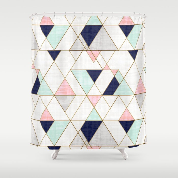 Mod Triangles - Navy Blush Mint Shower Curtain