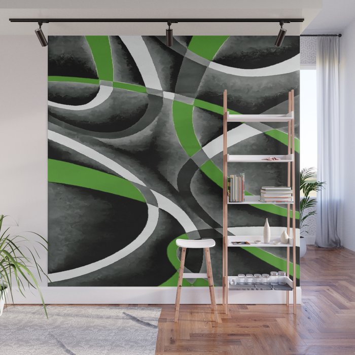 Eighties Jungle Green White Grey Line Curve Pattern On Black Wall Mural