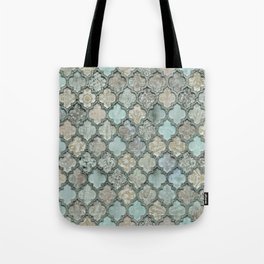 Old Moroccan Tiles Pattern Teal Beige Distressed Style Tote Bag