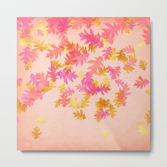 Autumn-world 1 - gold glitter leaves on pink background Metal Print