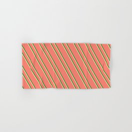 [ Thumbnail: Salmon, Forest Green & Tan Colored Stripes Pattern Hand & Bath Towel ]