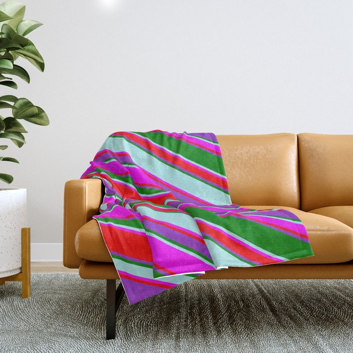 Eyecatching Fuchsia, Red, Dark Orchid, Green & Turquoise Colored Lined Pattern Throw Blanket