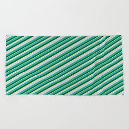 [ Thumbnail: Light Sea Green, Dark Green & Light Gray Colored Stripes Pattern Beach Towel ]