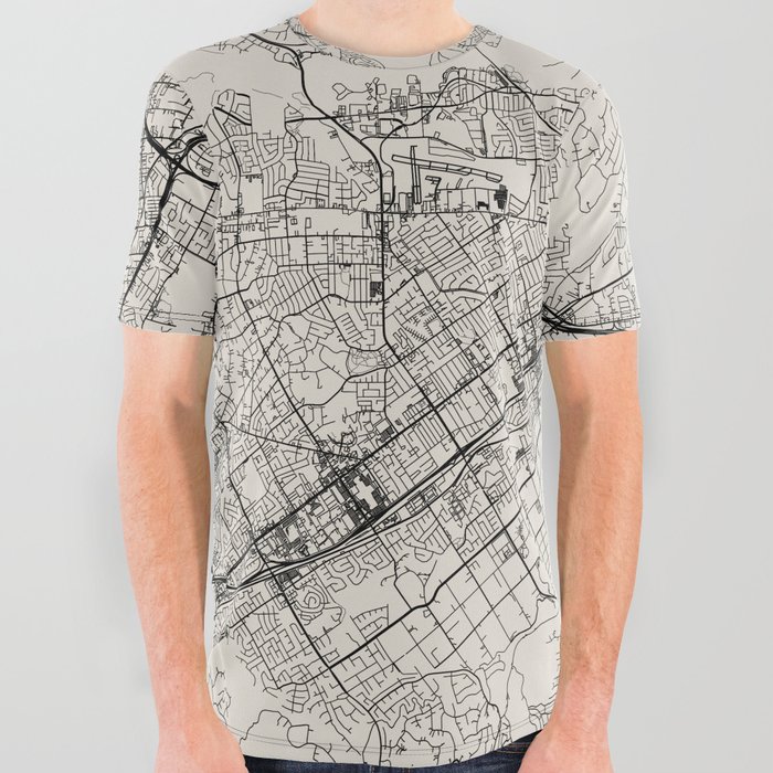USA, Riverside City Map - Black and White All Over Graphic Tee