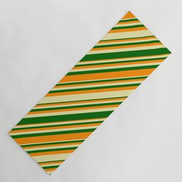[ Thumbnail: Pale Goldenrod, Dark Green, and Dark Orange Colored Lined/Striped Pattern Yoga Mat ]