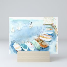 Colorful boat row harbor brown and blue - crystal w design Mini Art Print