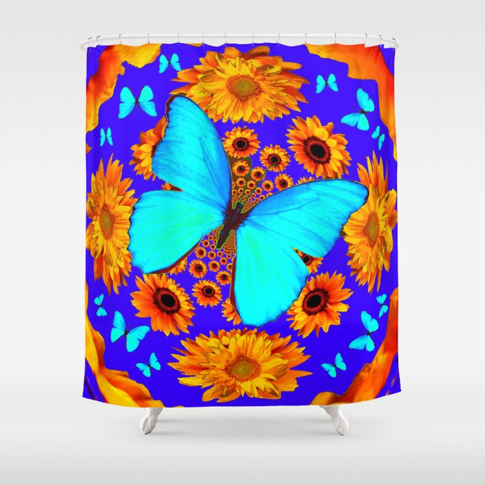 Turquoise Butterflies Golden Sunflowers Blue Abstract Shower Curtain