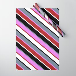 [ Thumbnail: Vibrant Light Slate Gray, Violet, Red, White & Black Colored Stripes/Lines Pattern Wrapping Paper ]