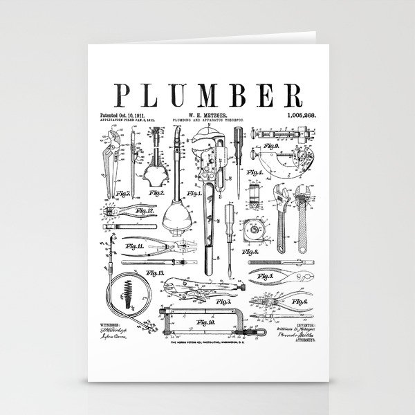 Plumber Plumbing Wrench And Tools Vintage Patent Print Stationery Cards