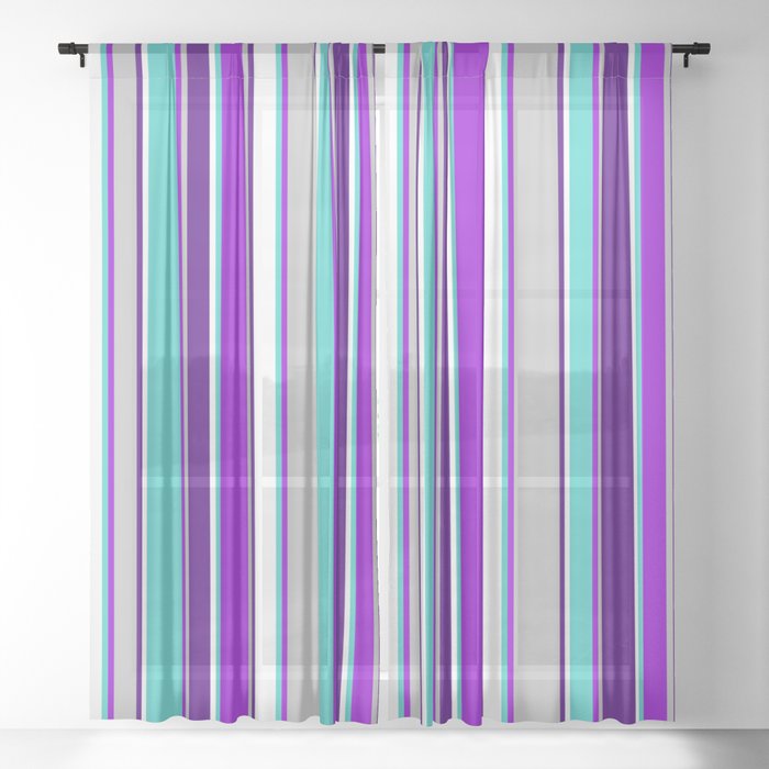 Eyecatching Turquoise, Dark Violet, Grey, Indigo, and White Colored Pattern of Stripes Sheer Curtain