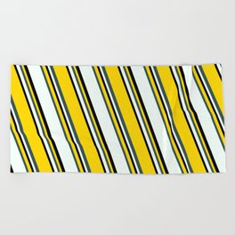 [ Thumbnail: Yellow, Dark Slate Gray, Mint Cream & Black Colored Stripes/Lines Pattern Beach Towel ]