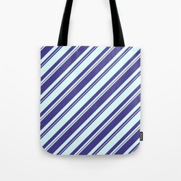 [ Thumbnail: Dark Slate Blue and Light Cyan Colored Lined/Striped Pattern Tote Bag ]