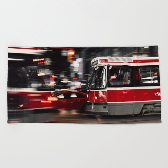 Red buses street Beach Towel