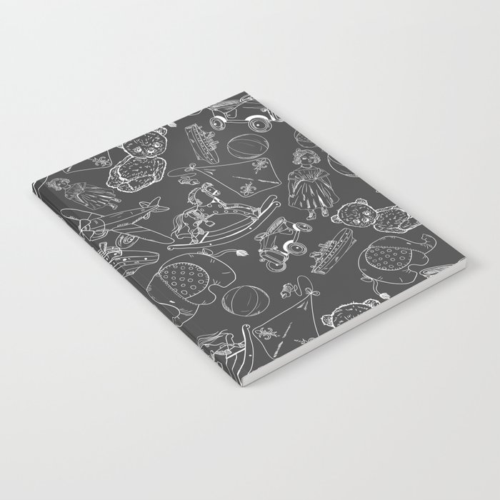 Dark Grey and White Toys Outline Pattern Notebook